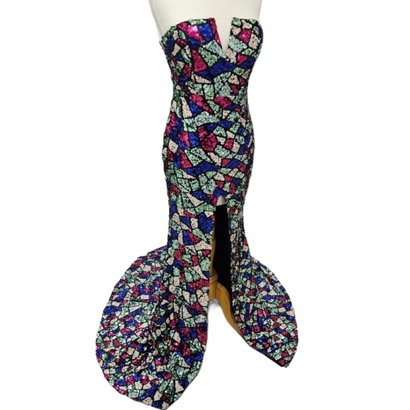 Missord Sexy V-Cut Strapless Sequin Multi Color Mermaid Dress With High Split - Picture 4 of 13